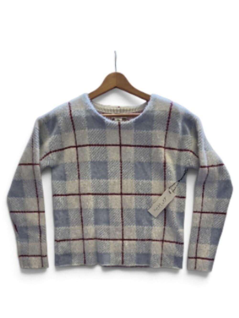 Rachel Zoe Blue & Cream Plaid Brushed Knit Windowpane Crewneck Sweater